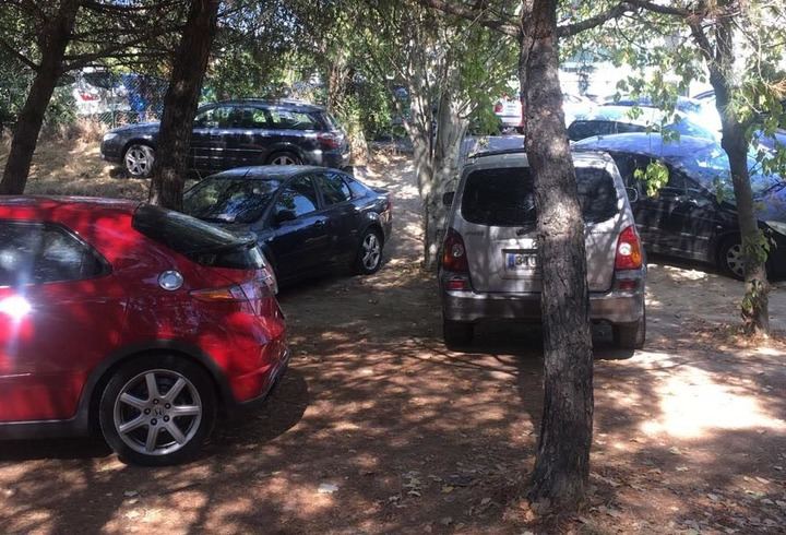 Imagen de los coches estacionados en plena zona verde del parque del Soto